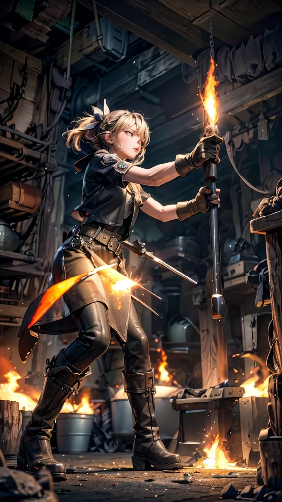 (Blacksmith girl student, Teenage Girl, Soft lips, Glowing Skin, Braided Hair, Soft leather:1.25, hair ribbon, Concentrated expression,Long gloves:1.25,Swing the hammer high,holding a hammer in hand,Staring at the sword,she:1.25,Get down on one knee,Squat、Leather Long Boots),(8k, Best Quality, masterpiece:1.2, masterpieceHighly detailed, Very detailed), Vibrant colors, Line art,Flames dance