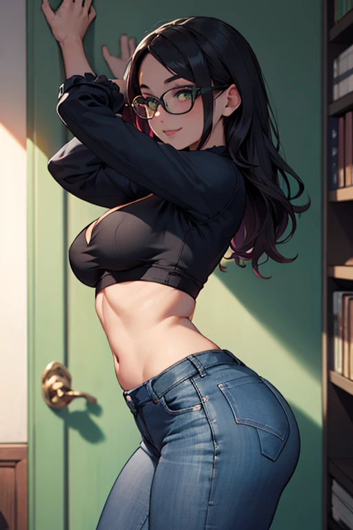 masterpiece, best quality, 1girl, solo, TwilightHuman, ponytail, purple eyes, glasses, pale skin, medium breasts, naked body, nude, pants, sexy black underwear, black bra, standing frontally to the viewer, pov, looking at viewer, seductive smile, indoors, locker room, detailed hands, five fingers