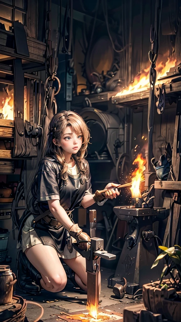 (Blacksmith girl student, Teenage Girl, Soft lips, Glowing Skin, Braided Hair, Soft leather:1.25, hair ribbon, Concentrated expression,Long gloves:1.25,Swing the hammer high,holding a hammer in hand,Staring at the sword,she:1.25,Get down on one knee,Squat、Leather Long Boots),(8k, Best Quality, masterpiece:1.2, masterpieceHighly detailed, Very detailed), Vibrant colors, Line art,Flames dance