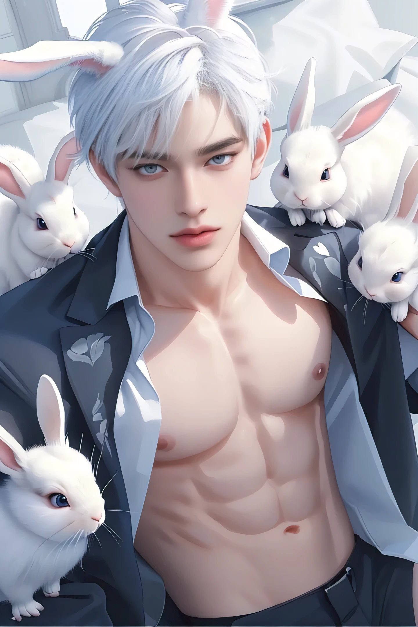 1boy, adult, handsome, perfect face, detailed eyes and face, clean shaved, muscular, capturing a rural atmosphere, dynamic lighting, unreal engine 5, hd picture, satoru gojo, white hair, short hair ,hair between eyes ,blue eyes, white skin, left hand holding a rabbit, Right hand holds chopsticks