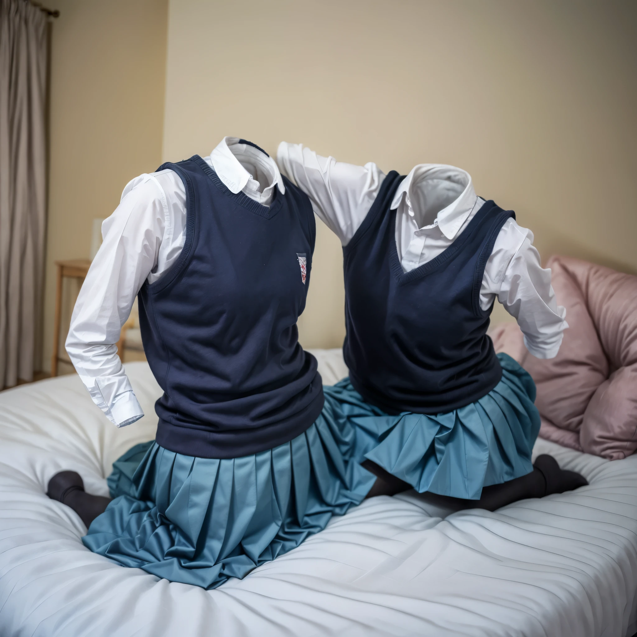 Best-quality, Masterpiece, (invisible, no humans, headless, faceless:1.5), kibito high school uniform, school uniform, school vest layer on school blouse, in bed, kneeling