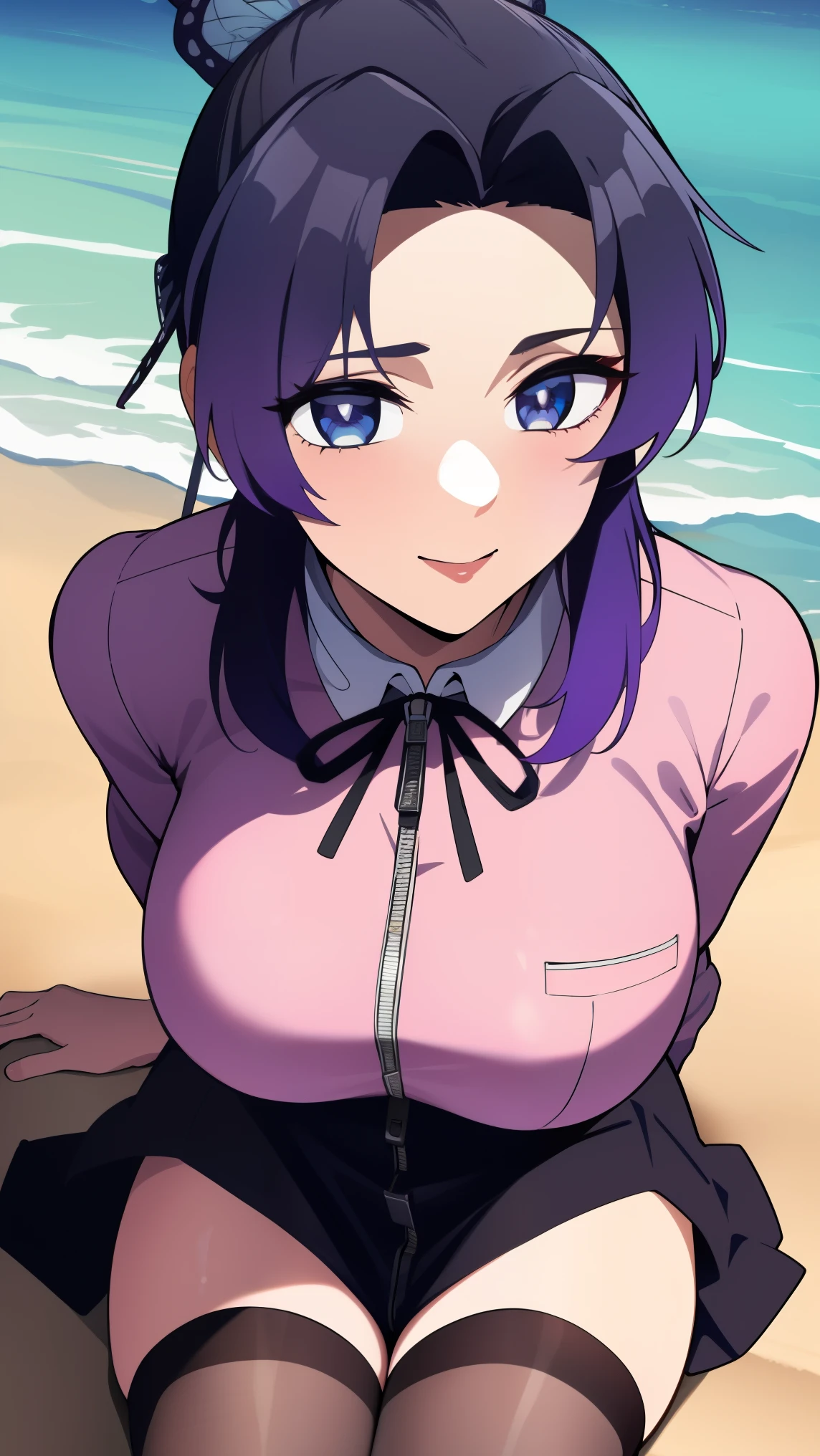 1 girl, Shinobu kocho demon slayer, shinning purple eyes, purple hair, Graceful, beautiful face, detailed face,
BREAK (jirai kei, frills, neck ribbon, pink shirt, long sleeves, zipper, black skirt, black thighhighs:1.2),
BREAK fishnet, big breasts, sitting, beach, beach chair, looking at you, smile,
BREAK (art: 1.2), best quality, high resolution, 8k unitary, (illustration: 0.8), (beautiful detailed eyes: 1.6), extremely detailed face, perfect lighting, extremely detailed in CG, (perfect hands, perfect anatomy),