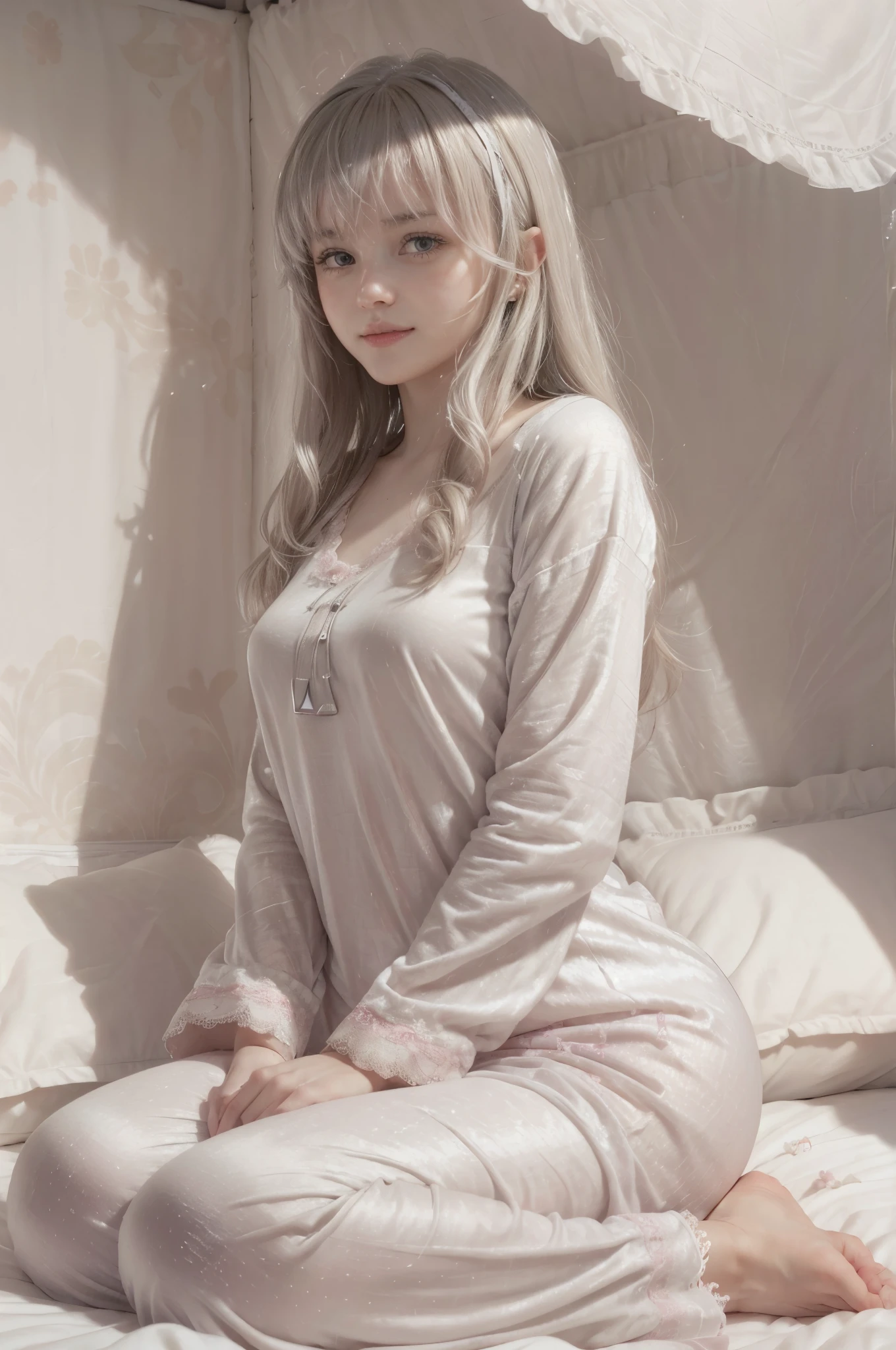 photo of mariya with long blonde hair, bang, NSFW, (petite:1.4), wearing (silver pajamas:1.3), (mastrubating:1.8),  on bed in a cute girly bedroom adorned with pastel hues and playful decor. The walls are painted in soft pinks or lavender, with a delicate floral or heart-patterned wallpaper as an accent. A canopy bed with sheer, flowy curtains creates a dreamy atmosphere. Plush stuffed animals and fluffy throw pillows in various shades of pink adorn the bed,
realistic, photorealistic,
High quality, RAW photograph, detailed background, intricate, highly detailed, sharp focus, high resolution, 8k, uhd, dslr, realistic eyes, perfect eyes,