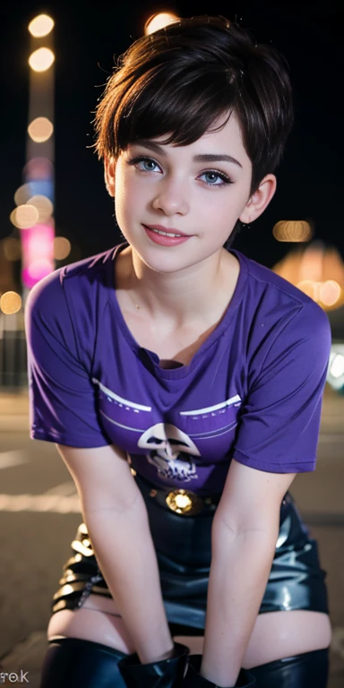 Photo of a  European girl, .RAW, beautiful woman,freckles on cheeks and chest ,beautiful blue eyes(Light brown hair pixie haircut),pixie hair cut ((portrait)), ((detailed face:1.2)), ((Detailed facial features)), (finely detailed skin), Pale skin,park, london ferris wheel、Purple sleeveless t-shirt with skull image  , lilac skirt with checkered images, Loose white belt, Long boots with heels ,cute makeup, Purple eyeshadows on eyelids ,a sexy one(cool color), humid, humid, Reflectors, (Tabletop) (perfect proportions)(Realistic photos)(The best quality) (detailed) photographed with a Canon EOS R5, 50mm lens, f/2.8, NffSW, (8k) (wallpaper) (cinematic lighting) (Dramatic lighting) (Sharp focus) (Convoluted) Nice smile , happy , playing electric guitar , medium breasts , freckles on the face and chest , beautiful teenage model  , fashion  , sombra de ojos color morado , tiene pecas en la cara , ltiene ropa de invierno , nieve , parque nevado , atardecer , jardín 