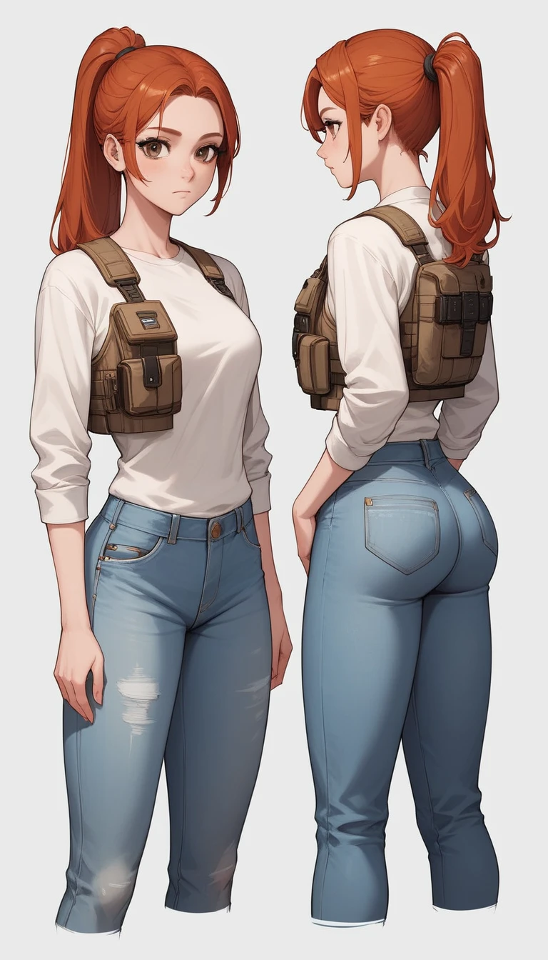 (draw) ((masterpiece, Best Quality)) (Character design sheet, Same character, Front, side, return, There are words written all around) Woman with long hair, Redhead with ponytail hairstyle, Brown eyes, Wearing a bulletproof vest, Long sleeve zipper shirt, White shirt and jeans, returnpack, Stand and relax