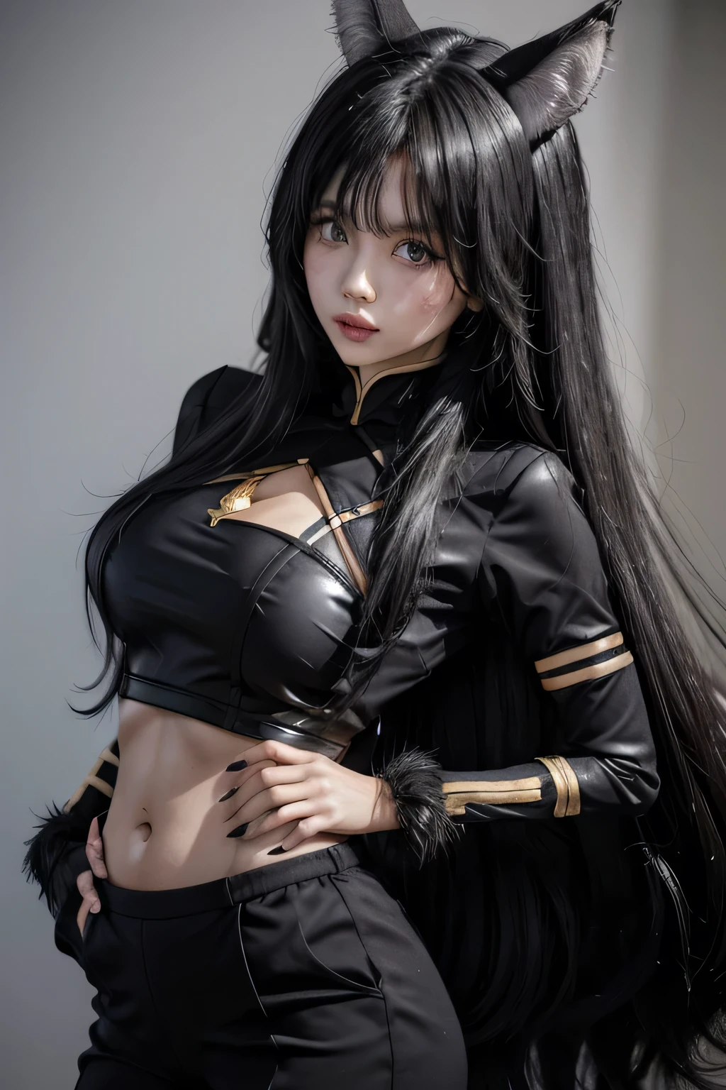 1 delta girl, black hair, wolf ears, black jumpsuit, cut out neckline, gold trim, belly button, black pants, black gloves, fur trim
