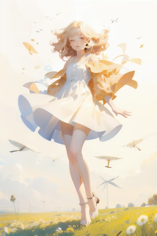 Blonde girl with freckles, curly hair, short dress, the wind blows her short dress, full body, full body, zoom a unos dandelions, dandelions in the air floating in the wind