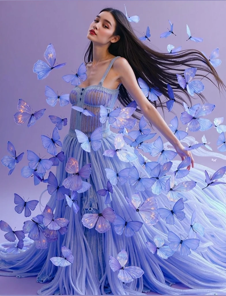 A woman with long, flowing hair wearing a futuristic dress made of light blue glassy butterfly wings. She is posed elegantly against a completely lavender-color background, which emphasizes her and the dress. The lighting is bright and even, enhancing the realism and intricate details of the dress. The mood is ethereal and modern, conveying a sense of beauty and innovation.