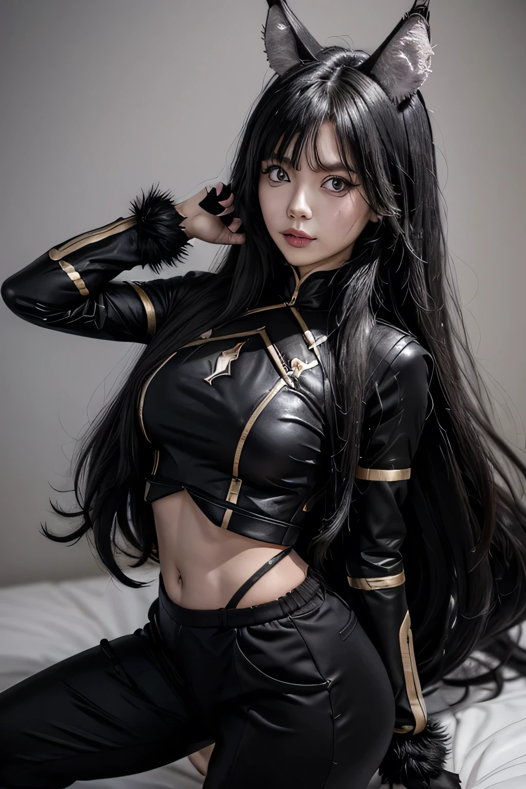 1 delta girl, black hair, wolf ears, black jumpsuit, cut out neckline, gold trim, belly button, black pants, black gloves, fur trim, tight outfit