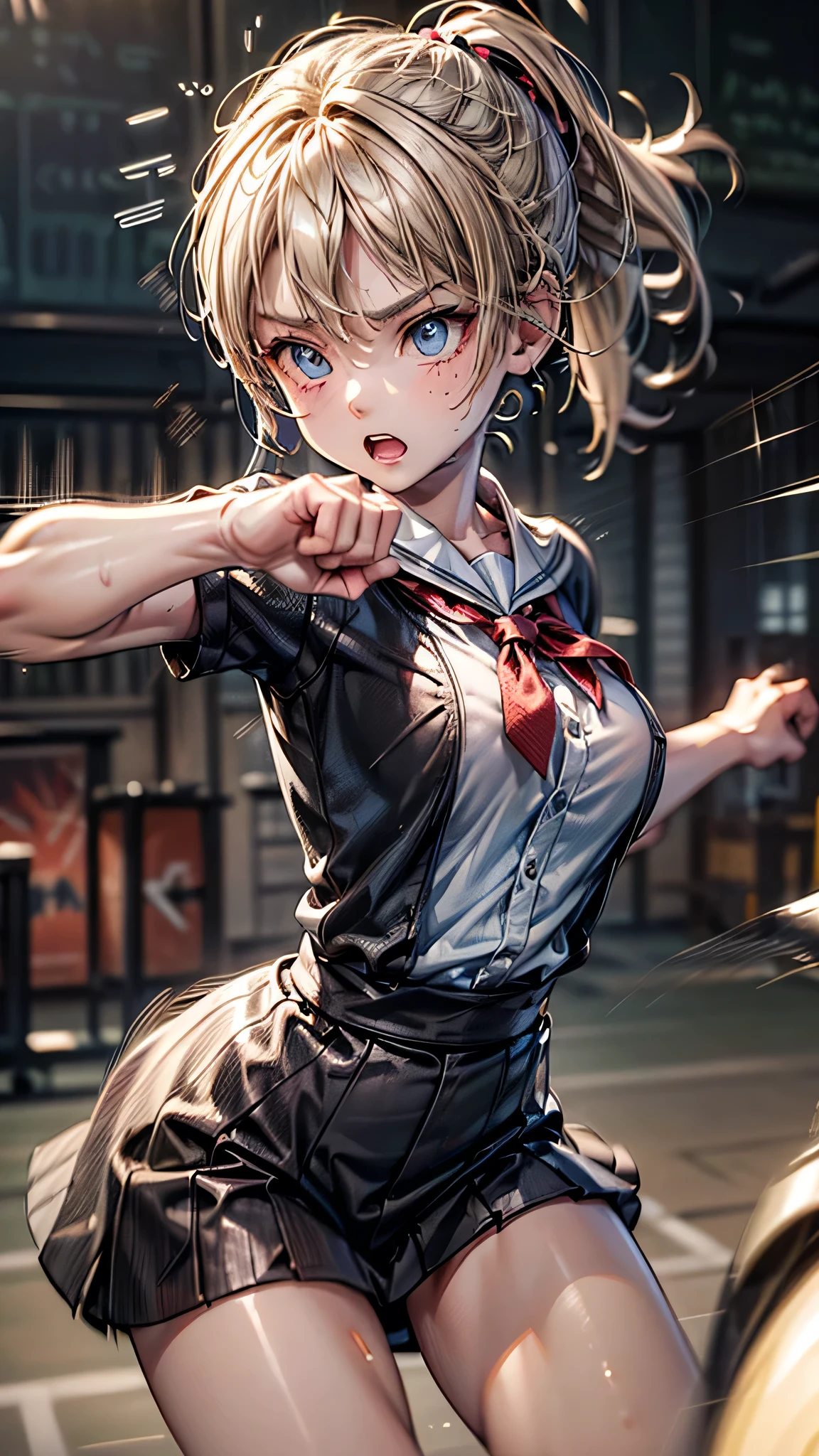 quality\(8k wallpaper of extremely detailed CG unit, ​masterpiece, hight resolution, top-quality, top-quality real texture skin,hyper realisitic, digitial painting,increase the resolution,RAW photos,best qualtiy,highly detailed,the wallpaper\),solo,a girl is punching you by bare fist very hard,1girl\(cute, kawaii,small kid,hair floating,messy hair,blonde hair,long hair,messy hair,pony tail hair,skin color white,eye color blue,eyes shining,big eyes,breast,angry,punching you by her fist,\dynamic pose,dynamic angle,sweat,school uniform\), BREAK ,fist(motion blur:2.0),background\(school\),(when drawing the hand please draw them very correctly for sure),[nsfw],better hands(Normal hands,each hand five fingers)