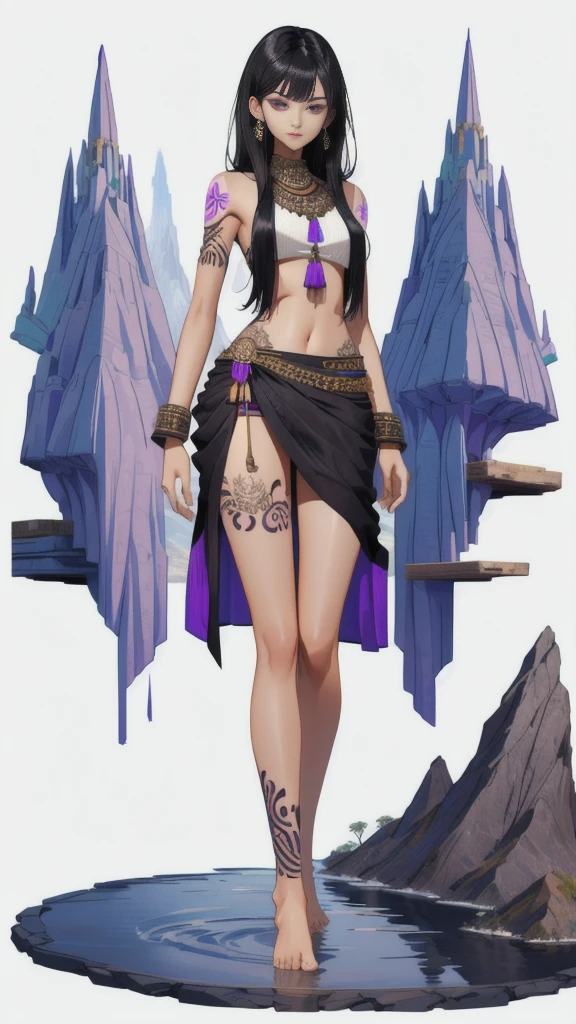 woman with black hair and gray skin，Indian clothing，Purple full body tattoo，short man，Bare arms，Bare waist，slim figure，Bare legs，barefoot，Standing，mountain stream