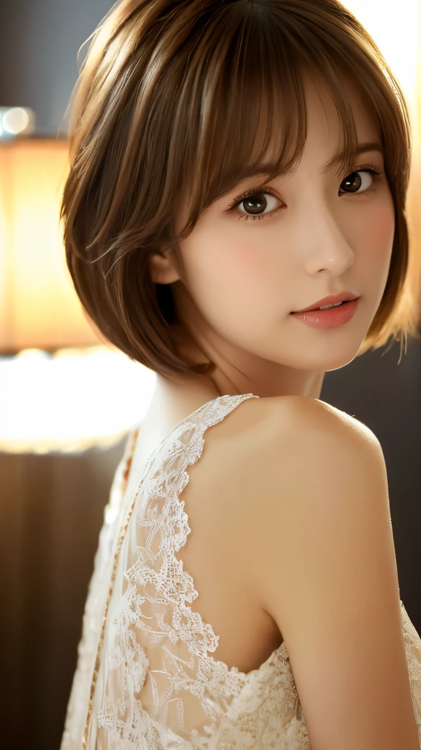 masterpiece、highest quality、High resolution、Tabletop、wallpaper、Realistic、Bright lighting、Professional Lighting、Face Light、smooth lighting、Japanese women、Adult、Beautiful woman、action、gravure、sexy、poor、so beautiful、Beautiful Skin、Beautiful and detailed、Detailed face、slim、moderately、short hair、Brunette colored hair、Brown eyes、Looking at the camera、、Cleavage