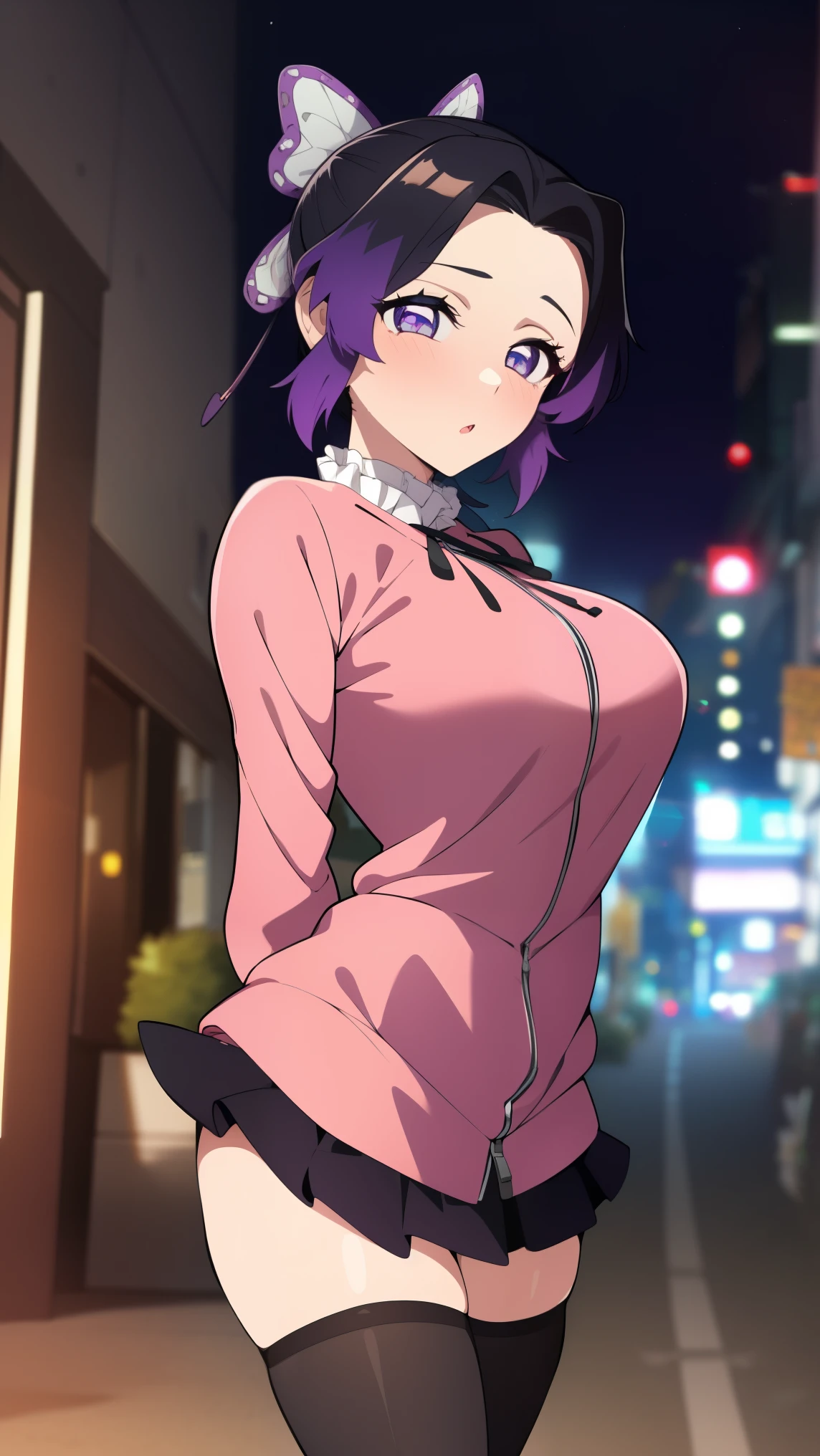 1 girl, Shinobu kocho demon slayer, shinning purple eyes, purple hair, Graceful, beautiful face, detailed face, 
BREAK (jirai kei, frills, neck ribbon, pink shirt, long sleeves, zipper, black skirt, black thighhighs:1.2),
BREAK standing ,(((cute pose)), cute blush, (city), wind, blush, ((milf)), night, busy street,((arms behind back:1.5)),
BREAK (art: 1.2), best quality, high resolution, 8k unitary, (illustration: 0.8), (beautiful detailed eyes: 1.6), extremely detailed face, perfect lighting, extremely detailed in CG, (perfect hands, perfect anatomy),