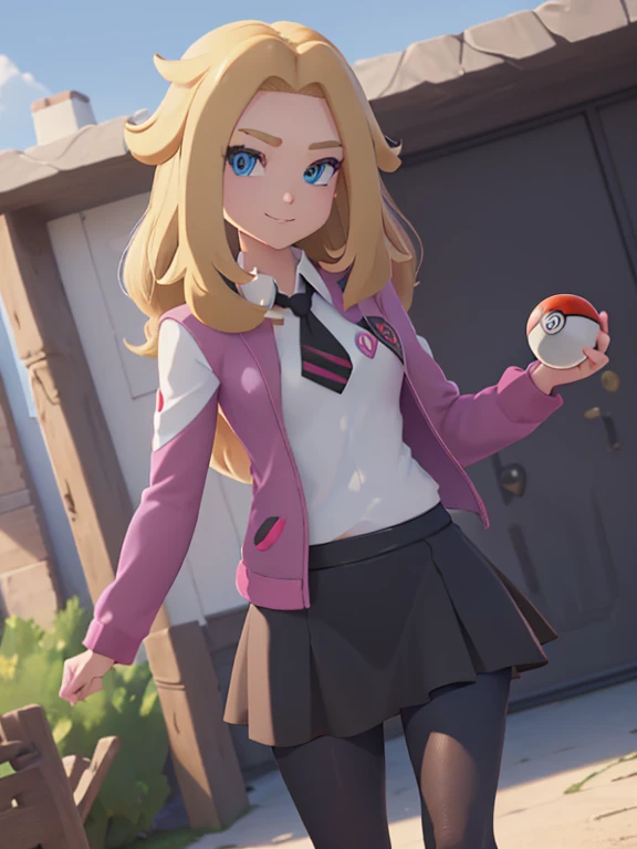 (masterpiece:1.2), best quality, high resolution, unity 8k wallpaper, (illustration:0.8), (beautiful detailed eyes:1.6), extremely detailed face, perfect lighting, extremely detailed CG, (perfect hands, perfect anatomy), a Lass from Pokemon Sword and Shield, blonde hair, blue eyes. (holding a poke ball:1.3). (Wearing: A school uniform, opened magenta jacket, white undershirt, magenta tie, short black skirt and black shiny leggings). Arrogant smile on face, she’s adventurous and ready for a Pokemon battle.