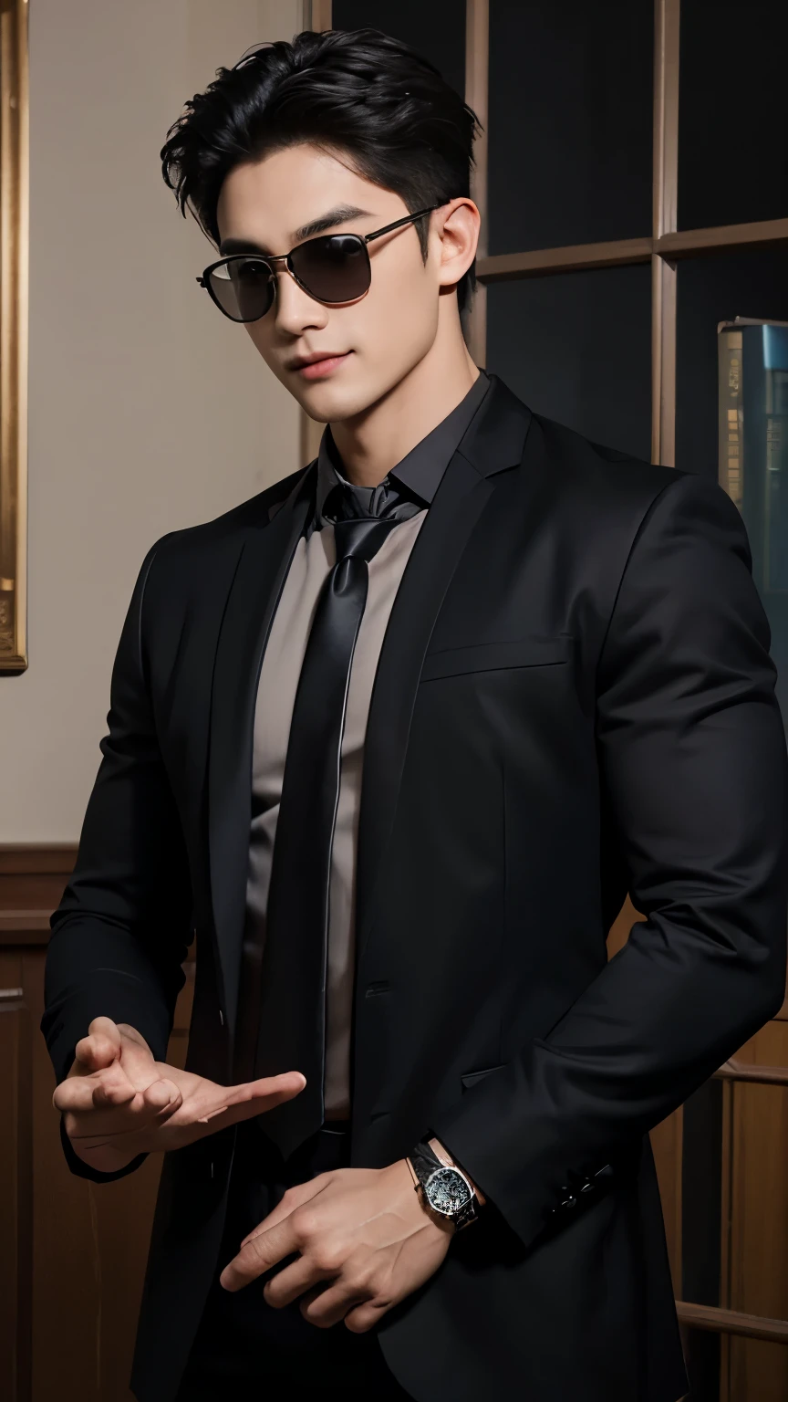 (Men)), (head shot), (front view), (half body view), (Handsome muscular man in his 30s wearing black pilot sunglasses, and luxury black suit), zi wang (Prince chiu), Mischievous smile, (detail: 1 in 1), Natural muscles, HIG quality, beautiful eyes, (Detailed face and eyes), (Face、: 1 / 2), fresh lips, Noise, Real Photographics, ... ...................................................................................................PSD, Sharp Focus, High resolution (8K), realistic & Professional Photography, 8K UHD, Soft lighting, High quality, Film grain, FujifilmXT3