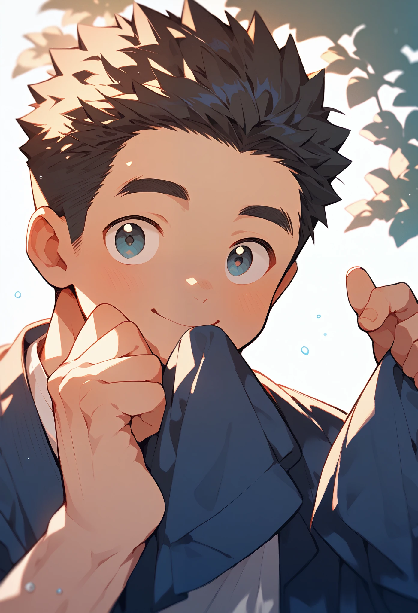 male child、Armpits are turned、Laughing、Children in Japan、Smiling Boy、Tickling、Wearing modern clothes、Troubled smile、My armpits are being touched.