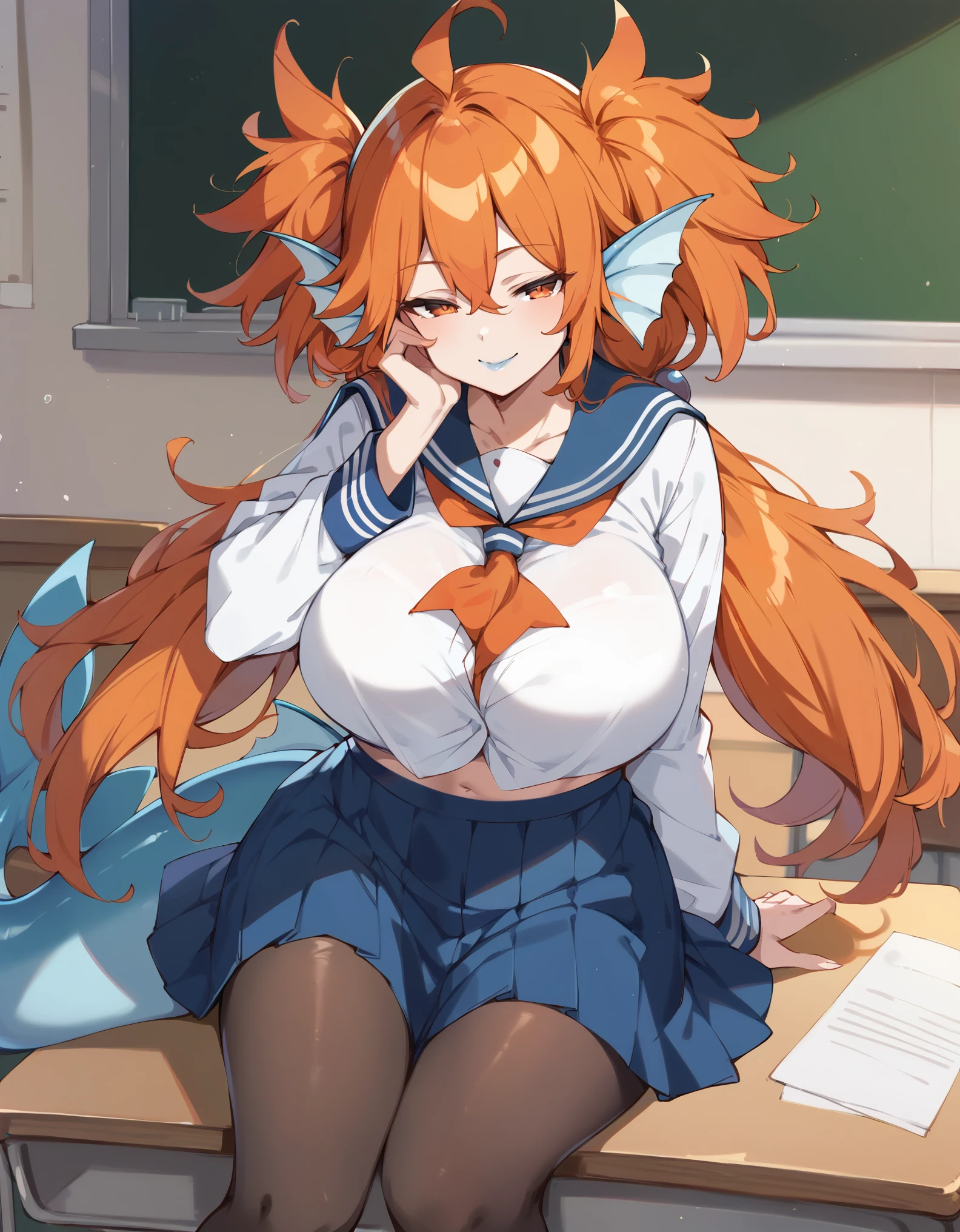 masterpiece, score_9, score_8_up, score_7_up, 1girl, milf, solo, monster girl, koleda, (huge breasts), (((orange hair), long hair, ahoge, orange eyes, half-closed eyes, two side up, low twintails, head fins, cetacean tail, fins)), lipstick, blue lips, ((seifuku, sailor collar, long sleeves, medium skirt, pantyhose)), ((light smile), closed mouth), ((hand on own face, classroom))