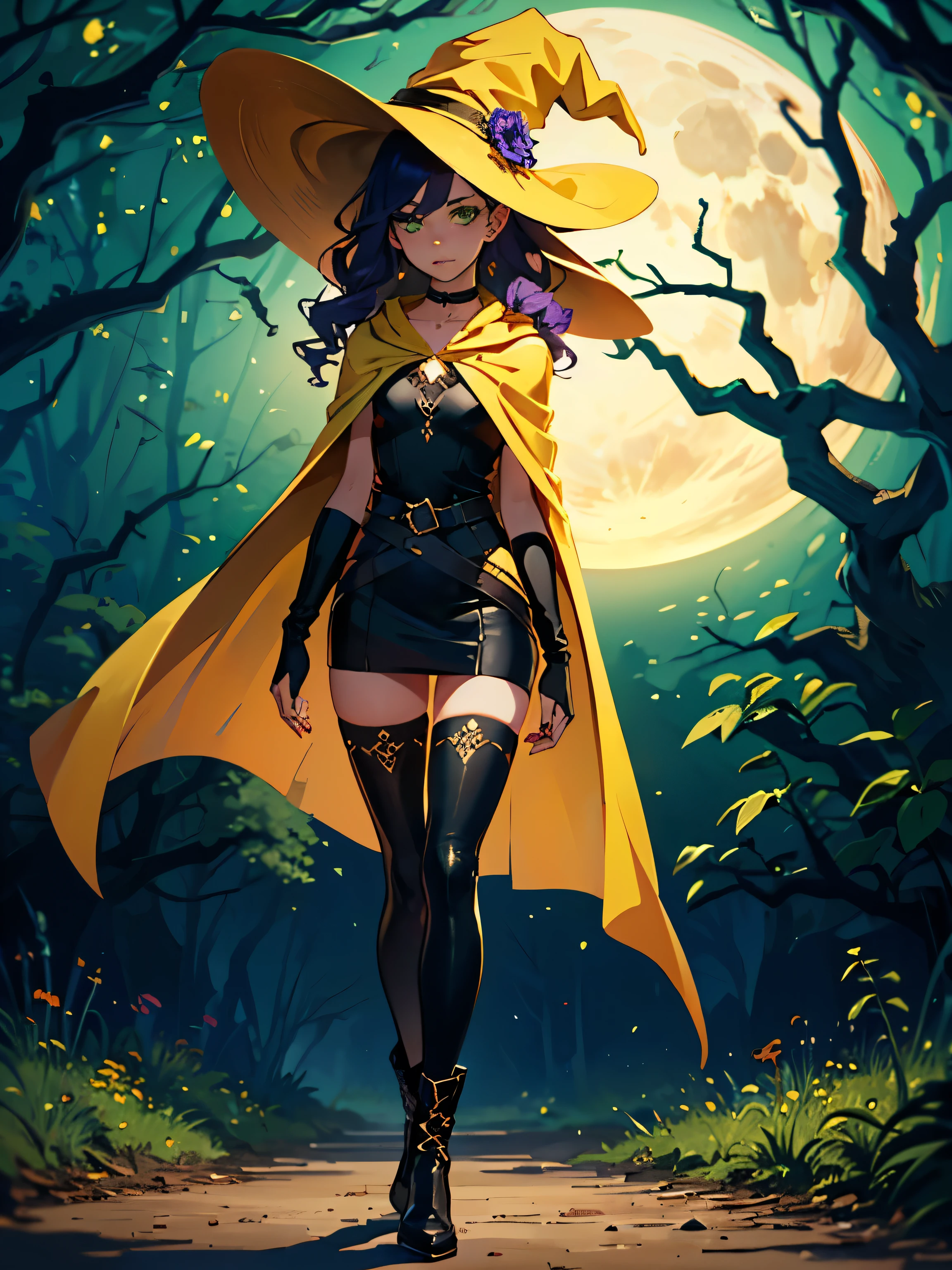 masterpiece, high quality, (1_woman), (full body), (exotic skin_complexion), mature, beautiful, exotic, with long elf ears, (worried expression), (((timid))), hunched, shy body language, (((hands close to chest))), (((looking away from the camera))), (((eyes lookings away from viewer))), wearing (((yellow))) hooded cape), hood down, (((yellow cape))), broach, ((yellow witch hat)), black choker, (thigh highs) with purple embroidery, long fingerless leather gloves, ((small breast)), black sleeveless dress, (bright purple hair), long hair, ((wavy hair)), realistic and detailed face having diamond shaped eyes, (((green eyes)), dark_eyeliner, long_eyelashes), natural dynamic lighting casts detailed shadows, black thigh highs, knee high dark brown boots, in a dark forest, full moon, jack o lanterns, pumpkin patch,