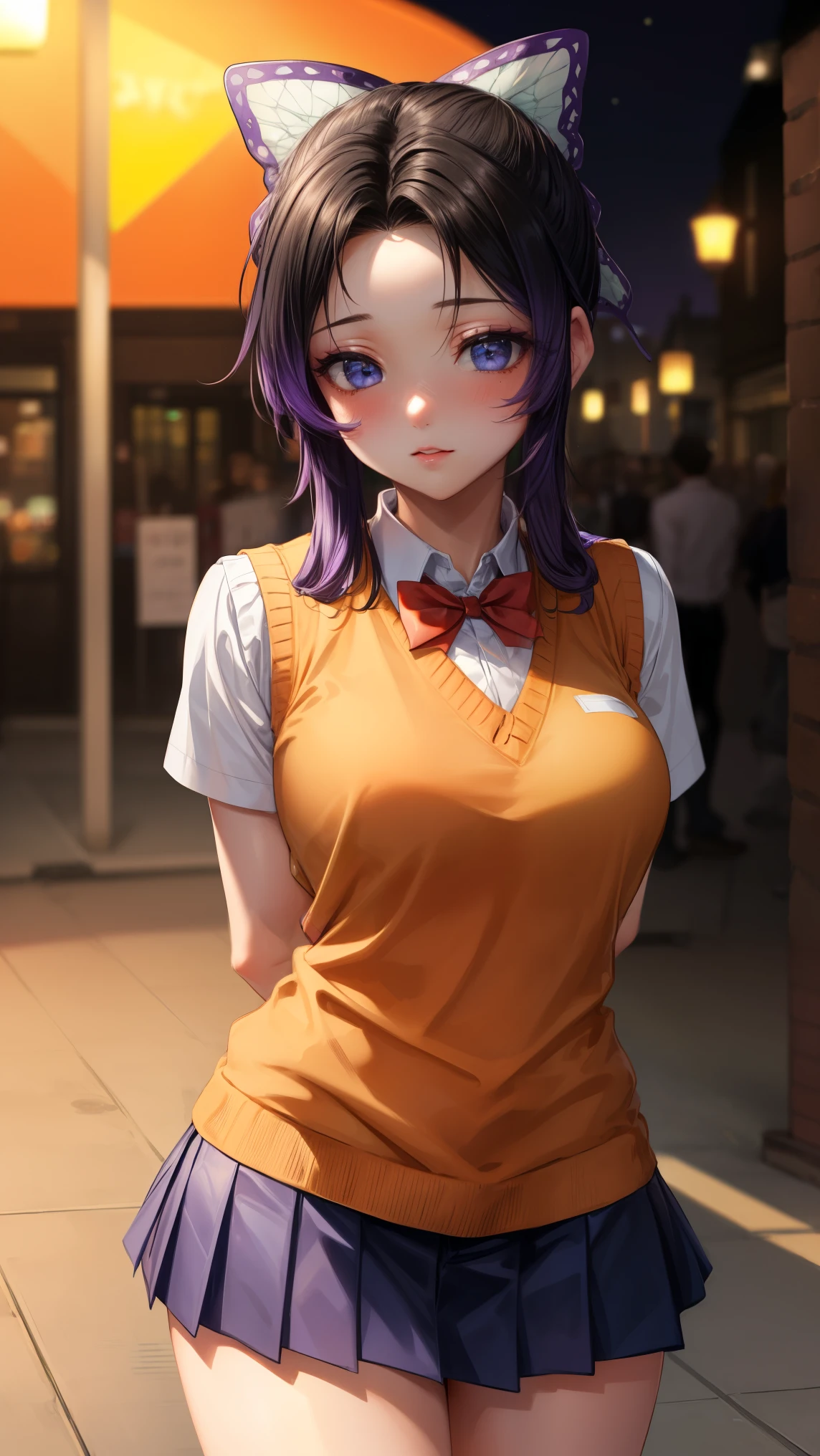 1 girl, Shinobu kocho demon slayer, shinning purple eyes, purple hair, Graceful, beautiful face, detailed face, 
BREAK (orange sweater vest, short sleeves, red bowtie, blue miniskirt:1.2),
BREAK standing ,(((cute pose)), cute blush, (city), wind, blush, ((milf)), night, busy street,((arms behind back:1.5)),
BREAK (art: 1.2), best quality, high resolution, 8k unitary, (illustration: 0.8), (beautiful detailed eyes: 1.6), extremely detailed face, perfect lighting, extremely detailed in CG, (perfect hands, perfect anatomy),