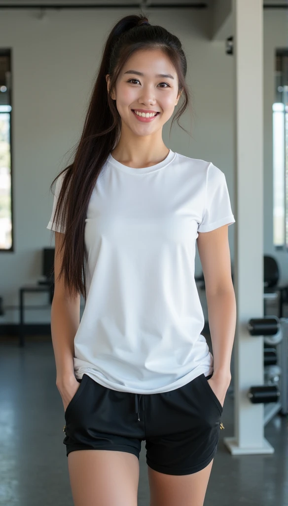 training gym、by the window、hiquality、A hyper-realistic、healthy、Smiling expression、Slender perfect figure、Japan beauties、Beautiful eyes、Beautiful double、Beautiful skin