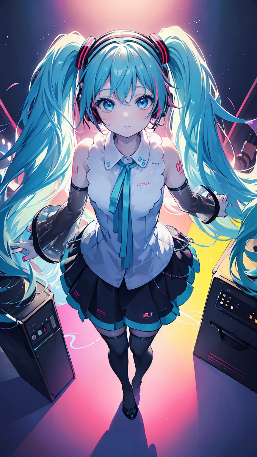 (masterpiece, Best Quality), (colorful:1.4), From above, Alone, A girl standing at a crowded techno rave, Pulsating electronic beats and neon lights, Includes bag with glow sticks and DJ equipment, Depth of written boundary, Fisheye Lens，（Hatsune Miku，Blue Hair Girl）
