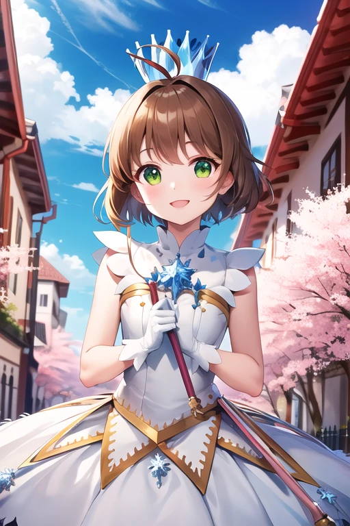 masterpiece, Best Quality, High resolution, Sakura Kinomoto, One girl, Brown Hair, short hair, Antenna Hair, Ahoge, Crown, Green Eyes, White Dress, Sleeveless, White gloves,Retention Staff, smile, Open your mouth, Cowboy Shot, blue sky,