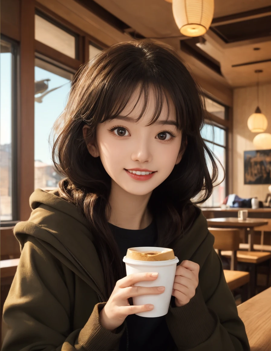 Produce the highest quality and highest resolution 8K images。Please draw the upper body of a 20 year old Japanese woman.。Please draw an image of someone reading a book while drinking tea in a stylish coffee shop.。She has brown eyes and a model-like figure、She has an idol-level cute face.。The hair is wavy。The skin is、A healthy skin tone。she、I'm smiling at the camera。