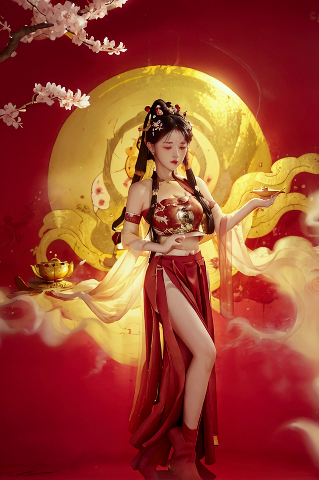 Uma antiga beleza chinesa, temperamento encantador, long flowing skirt, rosto claro, Olhos bonitos, Osmanthus nos arredores, Obra-prima proporcional da estrutura do corpo perfeito, super detalhado, Epic composition, arte da tatuagem da cor, Nova arte de tatuagem tradicional, Design de tatuagem SD, arte da tatuagem da cor, mysterious warm and friendly atmosphere, pintura hiper-realista, super HD, alta qualidade, extremely high quality, 32k --v 6