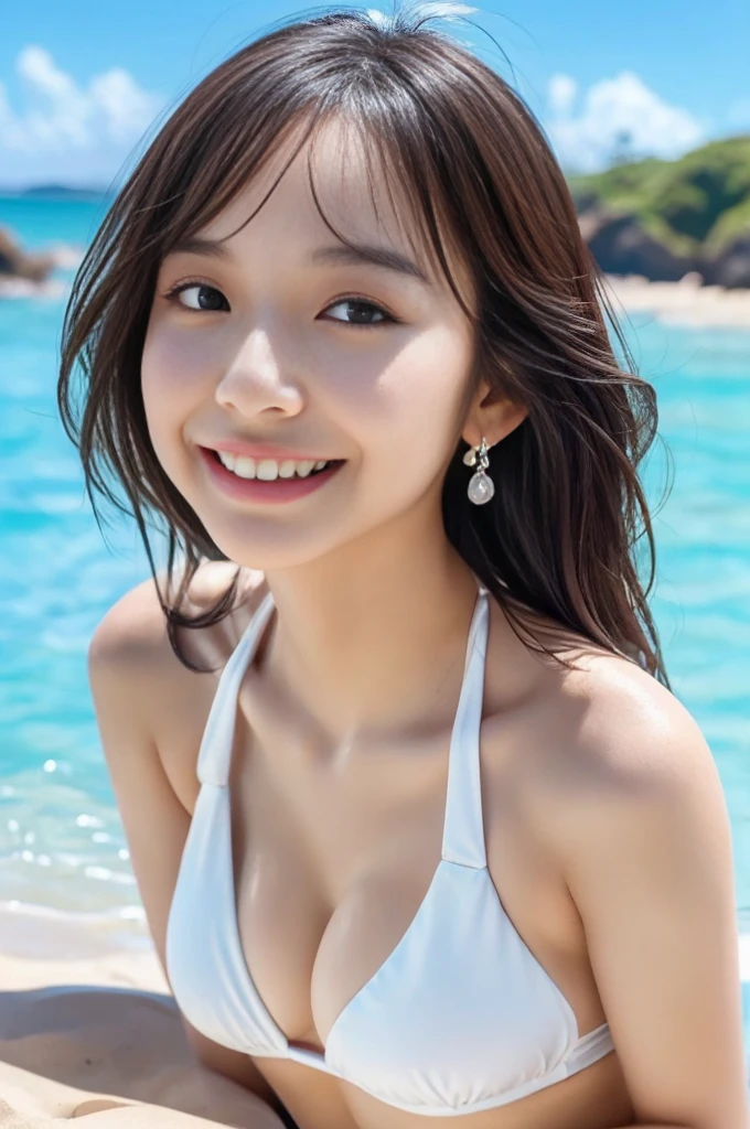 (masutepiece), A sexy、Natural light, Photorealistic, Cameltoe, diffuse glow, depth of fields, big eye、Black eyes、profetional lighting、Must have black eyes、The background is the sea、during daytime、White swimwear、splash water、