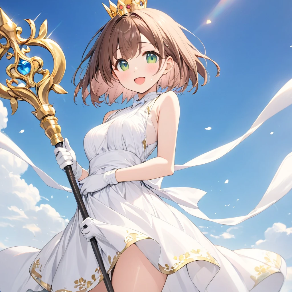 masterpiece, Best Quality, High resolution, Sakura Kinomoto, One girl, Brown Hair, short hair, Antenna Hair, Ahoge, Crown, Green Eyes, White Dress, Sleeveless, White gloves,Retention Staff, smile, Open your mouth, Cowboy Shot, blue sky,White enamel dress,Gold border,Golden pattern,Shining brightly,Shiny material,