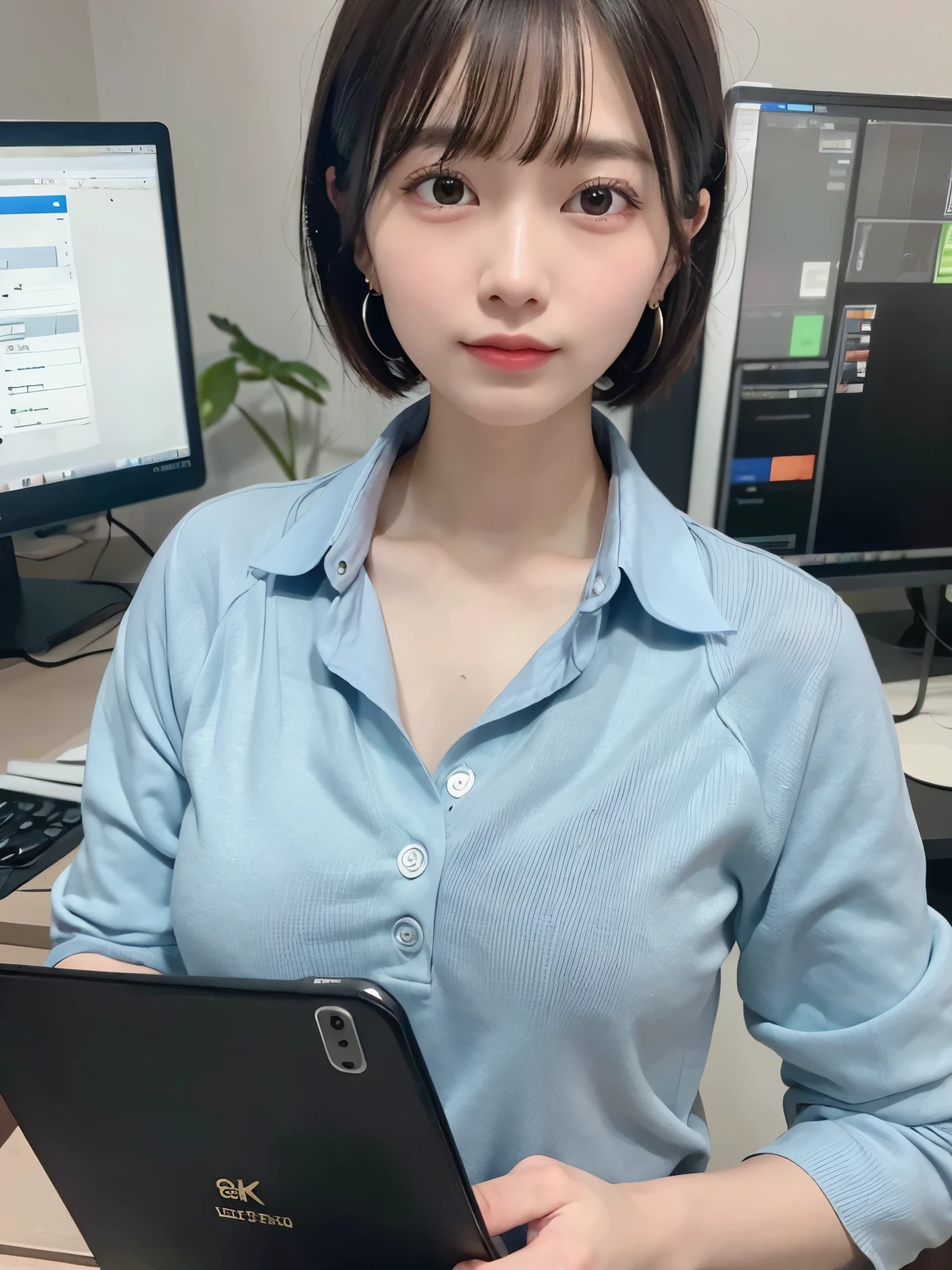 ((Top Quality, 8k, Masterpiece: 1.3)), ((1 girl)), Quality of actress,Entry-level Employee woman, (Huge Breasts:1.2), ((short bob hair)), ((Light blue shirt)), ((paired with black slacks)), holding a notepad and standing near a workstation, gold earring, extra detailed face, Detailed skin, mole:0.1, In an open office space with monitors and whiteboards, surrounded by coworkers working on projects
