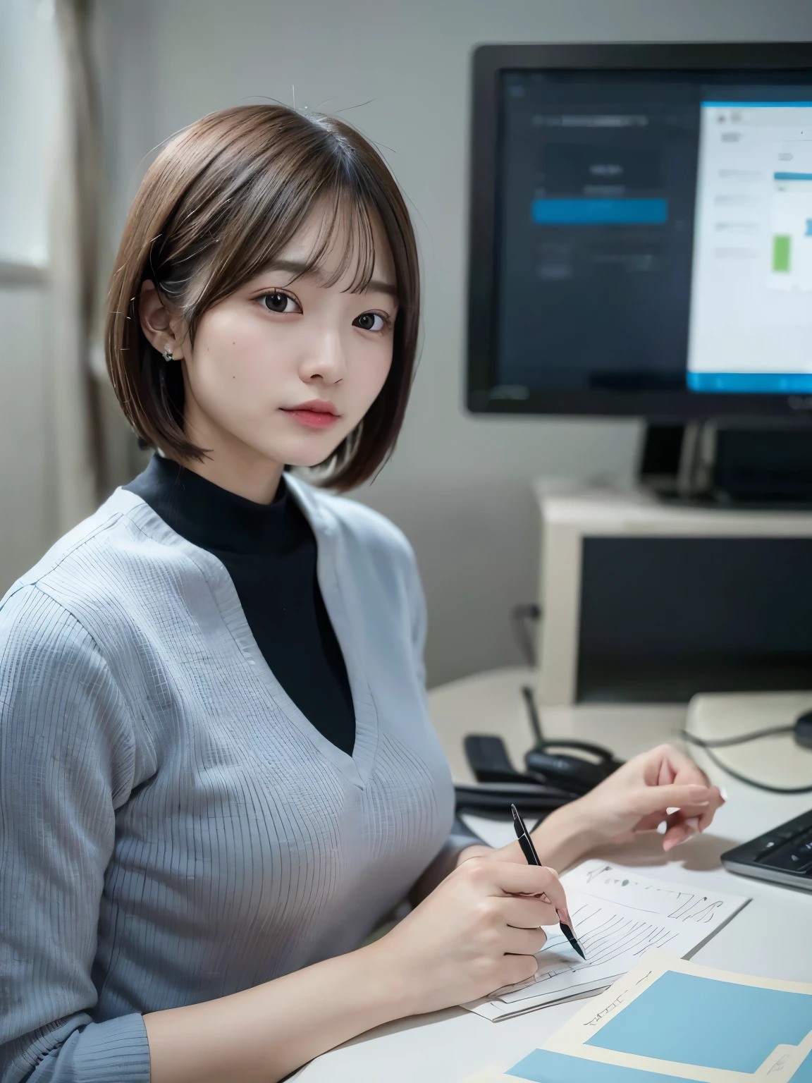 (((taking notes on the notepad))), standing near the workstation and looking focused, ((Top Quality, 8k, Masterpiece: 1.3)), ((1 girl)), Quality of actress,Entry-level Employee woman, (Huge Breasts:1.2), ((short bob hair)), ((Light blue shirt)), ((paired with black slacks)), holding a notepad and standing near a workstation, gold earring, extra detailed face, Detailed skin, mole:0.1, In an open office space with monitors and whiteboards, surrounded by coworkers working on projects