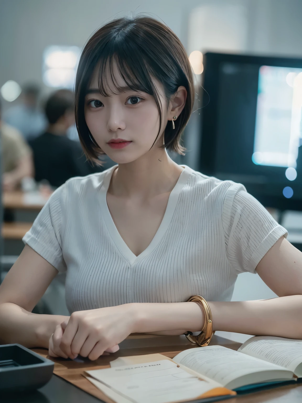 (((taking notes on the notepad))), standing near the workstation and looking focused, ((Top Quality, 8k, Masterpiece: 1.3)), ((1 girl)), Quality of actress,Entry-level Employee woman, (Huge Breasts:1.2), ((short bob hair)), ((Light blue shirt)), ((paired with black slacks)), holding a notepad and standing near a workstation, gold earring, extra detailed face, Detailed skin, mole:0.1, In an open office space with monitors and whiteboards, surrounded by coworkers working on projects