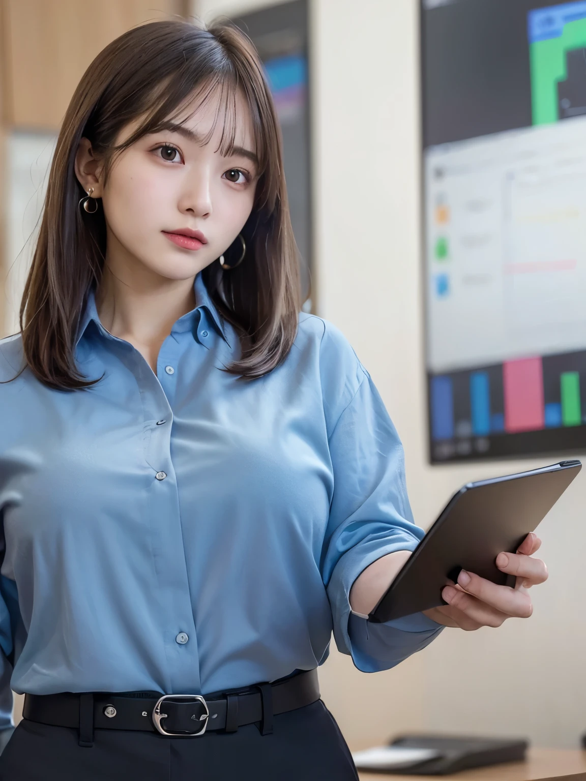 '(((standing with hands in pockets))), glancing at the screen with a thoughtful expression, ((Top Quality, 8k, Masterpiece: 1.3)), ((1 girl)), Quality of actress,Entry-level Employee woman, (Huge Breasts:1.2), ((short bob hair)), ((Light blue shirt)), ((paired with black slacks)), holding a notepad and standing near a workstation, gold earring, extra detailed face, Detailed skin, mole:0.1, In an open office space with monitors and whiteboards, surrounded by coworkers working on projects