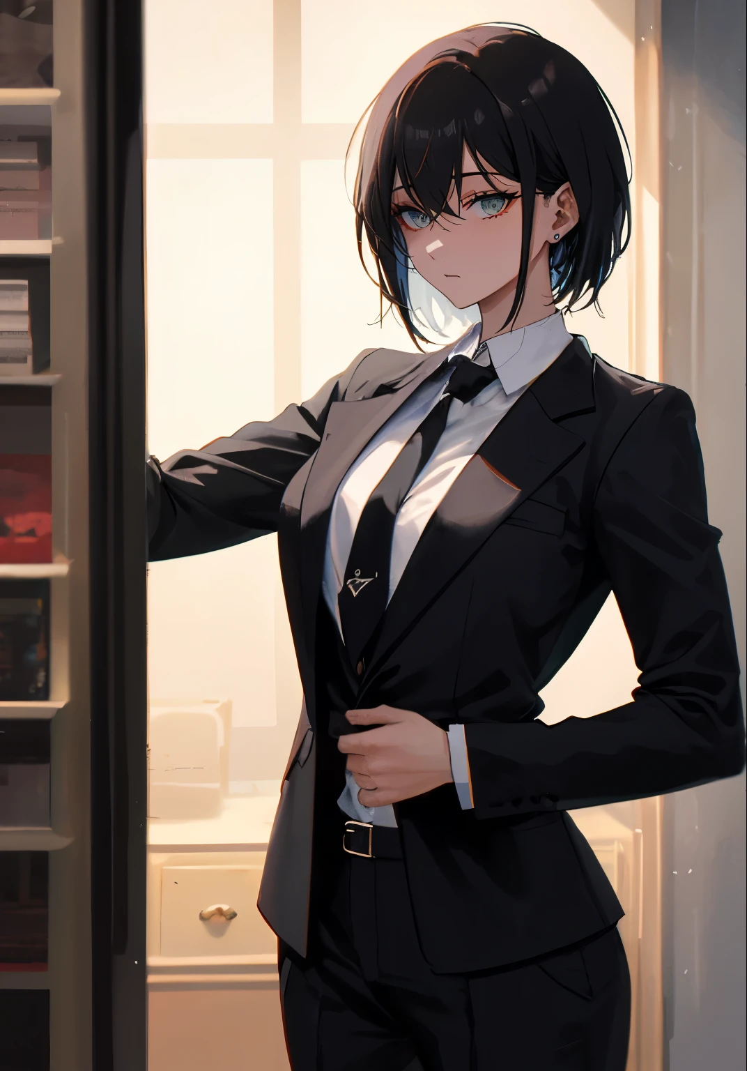 Anime style, a female mafia boss, a woman with short black hair, wearing a black suit jacket, formal trousers, and a neatly tied necktie, glaring intensely with a sharp and piercing gaze, dark brown eyes, standing confidently, only the upper body shown in a close-up, dominant and imposing figure, stern and intimidating, 70s noir film style, dim lighting, smoky room, vintage furniture, highly detailed and polished art style, with minimal emphasis on lips