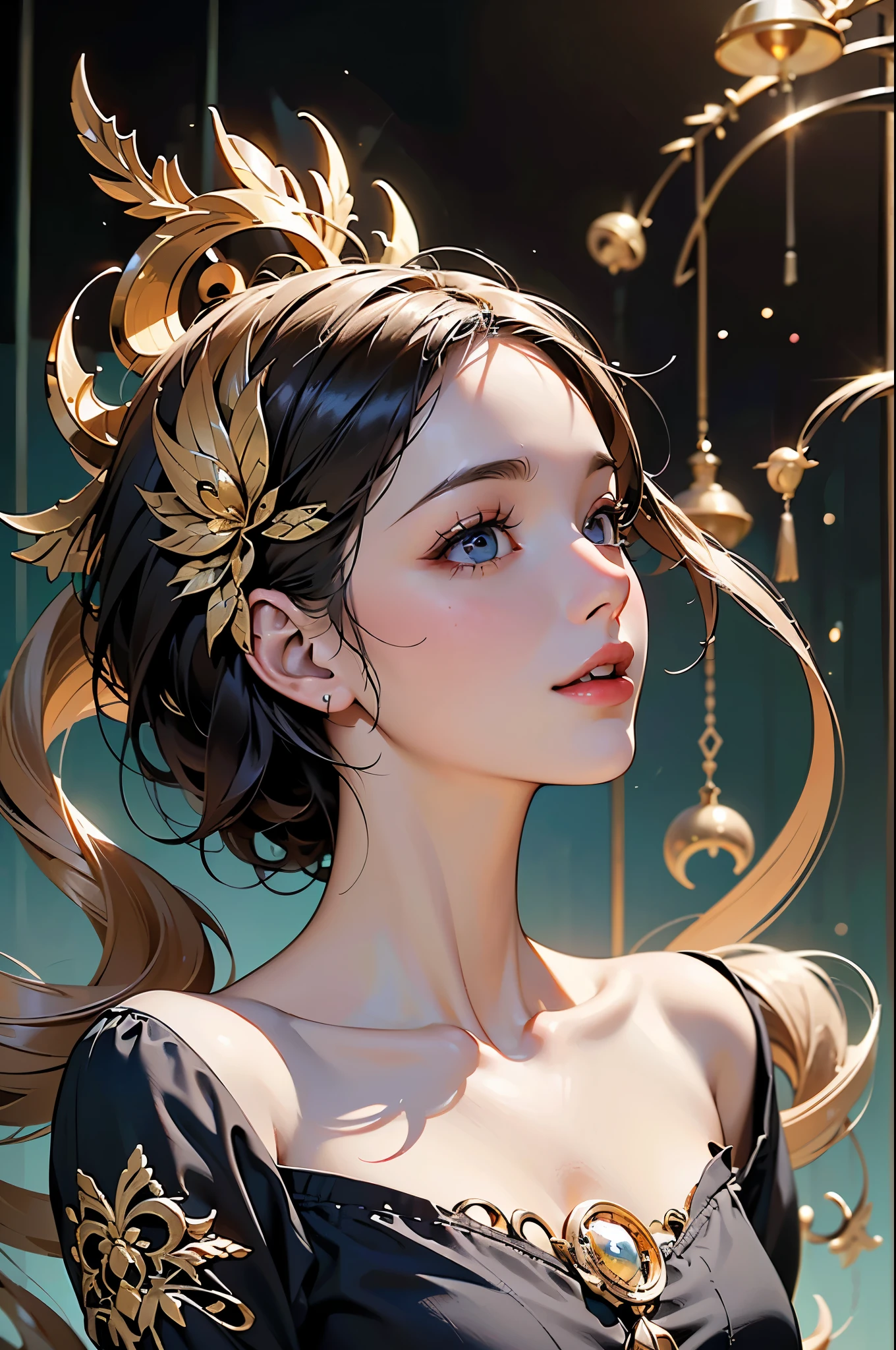 Gold Foil Art, indoor, by Cyril Rolando, (masterpiece, best quality, Professional, perfect composition, very aesthetic, absurdres, ultra-detailed, intricate details:1.3)