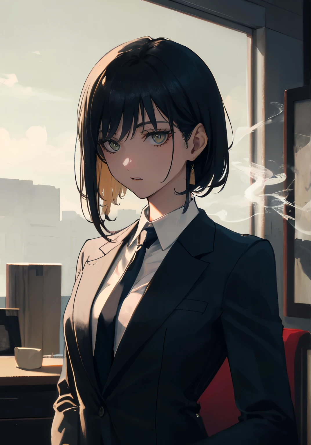 Anime style, a female mafia boss, a woman with short black hair, wearing a black suit jacket, formal trousers, and a neatly tied necktie, glaring intensely with a sharp and piercing gaze, dark brown eyes, standing confidently, only the upper body shown in a close-up, dominant and imposing figure, stern and intimidating, (70s noir film style, dim lighting, smoky room, vintage furniture), ((highly detailed and polished art style)), with minimal emphasis on lips