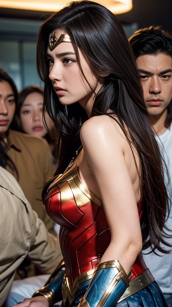 私はWonder Womanです、完璧なWonder Womanの衣装,押しDefeated,Defeated,A man mounts me,Face grabbed、Hug from the front,Hugged,Being strangled,You can hold it,Men lick my face with their tongues,The guys lick my head with their tongues,Men lick my hair with their tongues,My body is licked by men,sleeping face,Close ~ eyes,Open your mouth,Tired face,Face of Suffering,Being slapped in the face,Getting punched in the face,Fighting with men,Fight with the men,Surrounded by men,,Caught between the men,Being held back by men,Entanglement with males, Attacked by men,Brown Hair,  masterpiece、beautiful girl、fine 目、puffy eyes、highest quality, 超High resolution, (reality: 1.4), Cinema Lighting,so beautiful、Beautiful Skin、(超reality的な)、(High resolution)、(8k)、(Very detailed)、(beautiful and fine 目)、(Very detailed)、 Detailed face、Diagonal bangle hair、Brown Hair、20-year-old、Wonder Womanのコスプレ，Wonder Woman
