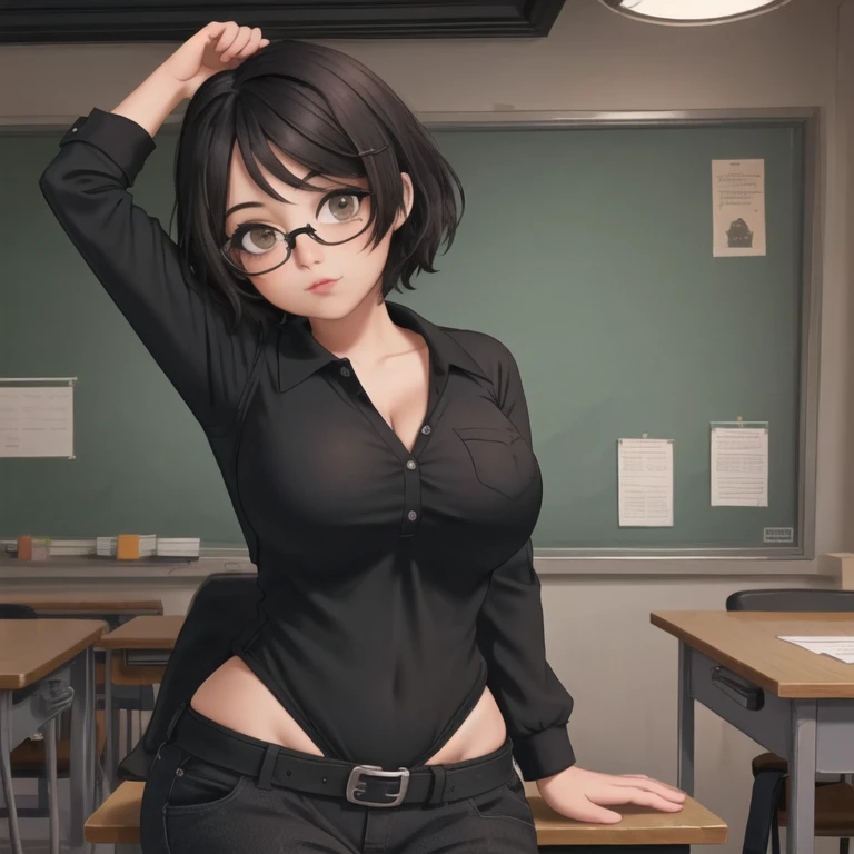 illustration Anime style, nude naked
Woman naked college student, 25 years old, Shy, With eye Glasses, Embarrassed, short hair, mecha roxa em seu cabelo, sentado em uma mesa da escola, nu, Completamente despido, open legs pernas abertas, parecendo envergonhado,
ao fundo, quadro negro e sala de aula