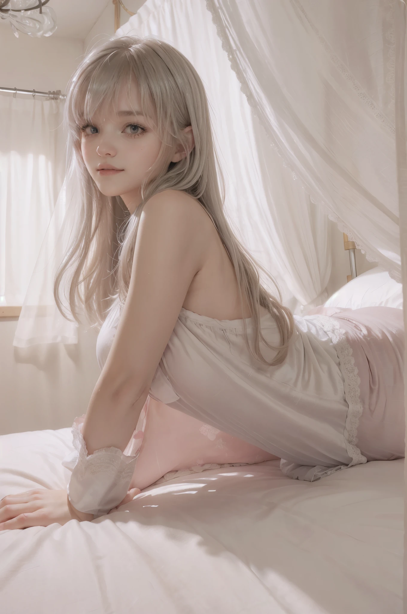 photo of mariya with long blonde hair, bang, NSFW, (petite:1.4), wearing (silver pajamas:1.3), (mastrubating:1.8),  on bed in a cute girly bedroom adorned with pastel hues and playful decor. The walls are painted in soft pinks or lavender, with a delicate floral or heart-patterned wallpaper as an accent. A canopy bed with sheer, flowy curtains creates a dreamy atmosphere. Plush stuffed animals and fluffy throw pillows in various shades of pink adorn the bed,
realistic, photorealistic,
High quality, RAW photograph, detailed background, intricate, highly detailed, sharp focus, high resolution, 8k, uhd, dslr, realistic eyes, perfect eyes,