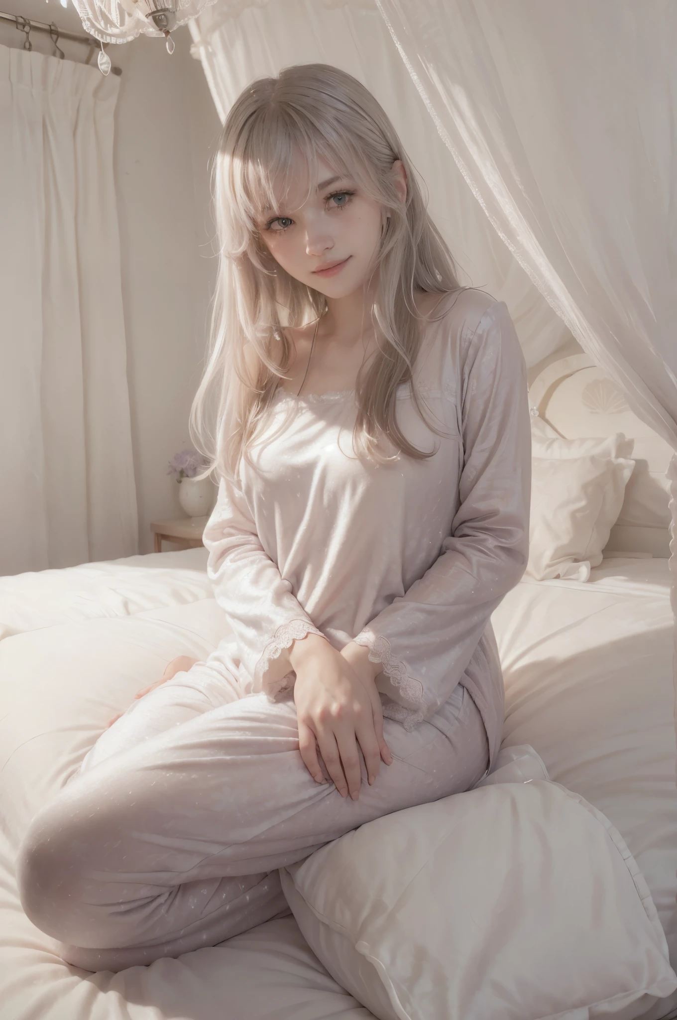 photo of mariya with long blonde hair, bang, NSFW, (petite:1.4), wearing (silver pajamas:1.3), (mastrubating:1.8), on bed in a cute girly bedroom adorned with pastel hues and playful decor. The walls are painted in soft pinks or lavender, with a delicate floral or heart-patterned wallpaper as an accent. A canopy bed with sheer, flowy curtains creates a dreamy atmosphere. Plush stuffed animals and fluffy throw pillows in various shades of pink adorn the bed,
realistic, photorealistic,
High quality, RAW photograph, detailed background, intricate, highly detailed, sharp focus, high resolution, 8k, uhd, dslr, realistic eyes, perfect eyes,
