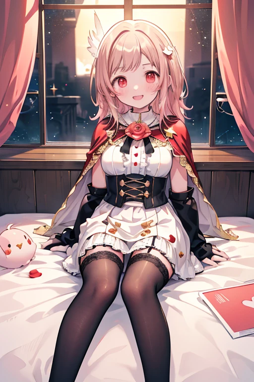 Sakuragi Mano, (((Big fangs))),　vampire, mega breasts,　(((Black lace knee socks))),　Garter belt,　black bustle skirt,　((Starry Sky)), Absolute territory,　Red eyes,　smile, 　　Midnight,　　Princess,　　Fluffy,　Healing,　　Hair Accessories,　　((Red Cape)),　corset,　Gold trim, (((gold star print))), red star print,　bedroom, ((Black gloves)),　Sitting on the bed, Frills,　((a litte white pigeon whose beak is pink,)), ((feathers)),　brooch, Holding a stuffed bird toy,　Crewneck, (((wariza))), medium hair, best quality, masterpiece, blush, red rose, flowerpot, white blouse, ((spoken heart)), ((Pink heart effects)), ((red rose accessory)), pigeon's blood ruby accessory, moonlight, dark, dragon wing, arms behind back, light brown hair,