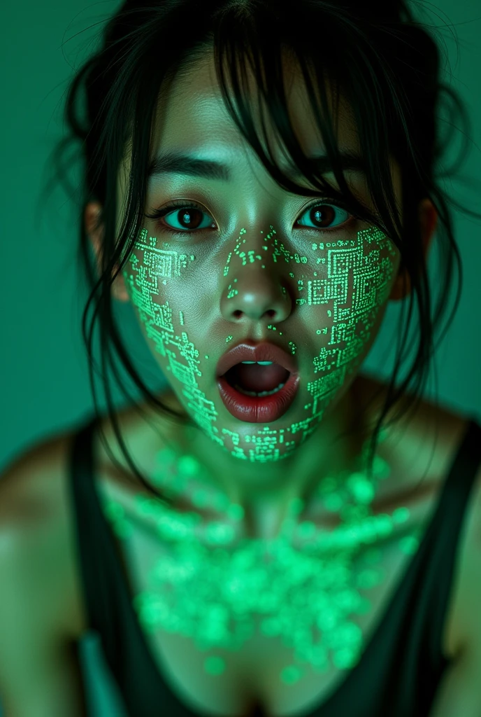 Perfect composition, Proper placement, Above the knee shot,  Beautiful Japanese Women, Brown Hair, Chignon hair brown eyes:1.21, Clear Eyes, His face is covered with countless glowing green barcodes., Fine barcodes and QR codes, Silver leather tank top, Silver leather panties, sexy, orgasm, Ecstasy