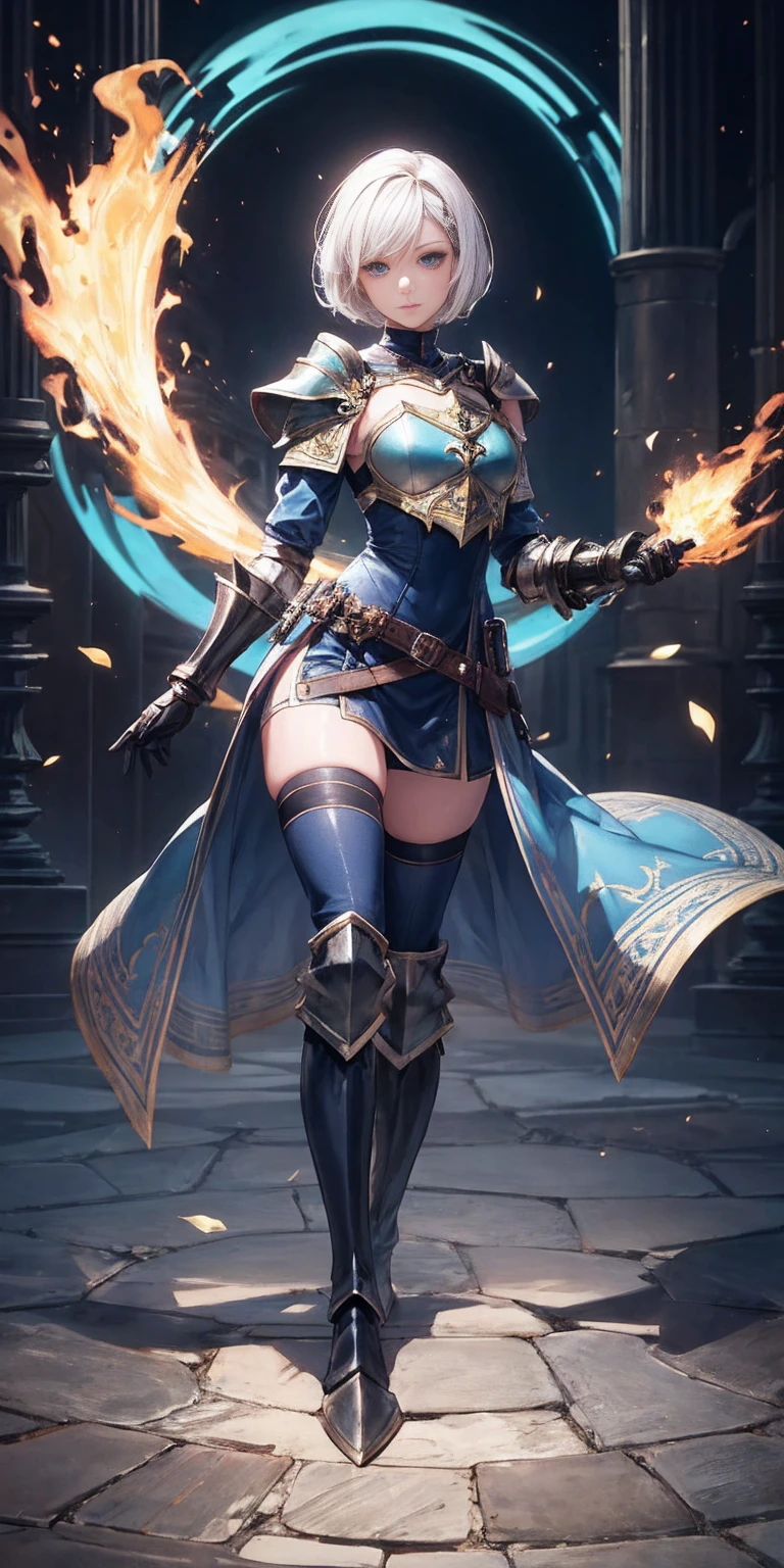 Woman Carrying a big katana , A blue aura enveloped his body, wearing a large-sized traditional Japanese dress with a gold dragon pattern, covering her eyes with a red eye tie, Leaning a long katana on his shoulder, sitting sideways, his katana has a golden Chinese dragon pattern.HD lighting and dark )<=(epic image quality)dark atmosphere with bright particle light(many effects in background)