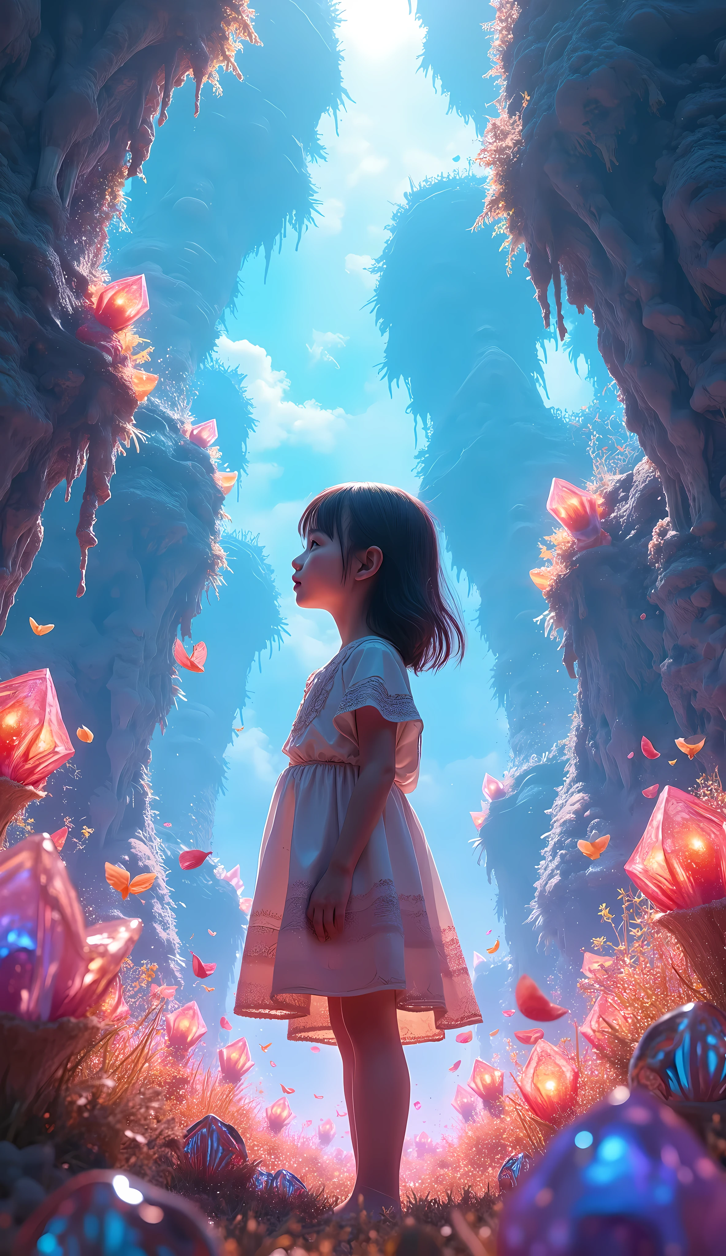 Unreal and unusual landscapes, Colorful and dreamy, A girl standing in a floating crystal field, Detailed face and eyes, Mysterious atmosphere, Vibrant colors, Dramatic Lighting, Intricate details, Cinematic composition, Award-winning digital art, Ultra-detailed, Realistic, masterpiece