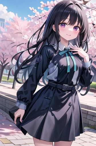 masterpiece, Best Quality, High resolution, , Long Hair, Black Hair, chest, Neck ribbon, Colored Shirt, Licorice Uniform, Two-tone dress, Blue Dress, Grey Dress, Long sleeve, belt, Reaching out, cherry blossoms, Outdoor, petal, standing, Cowboy Shot, smile, Open your mouth,大きいchest、