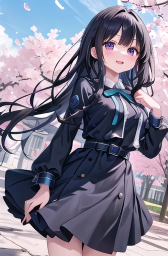 masterpiece, Best Quality, High resolution, , Long Hair, Black Hair, chest, Neck ribbon, Colored Shirt, Licorice Uniform, Two-tone dress, Blue Dress, Grey Dress, Long sleeve, belt, Reaching out, cherry blossoms, Outdoor, petal, standing, Cowboy Shot, smile, Open your mouth,大きいchest、