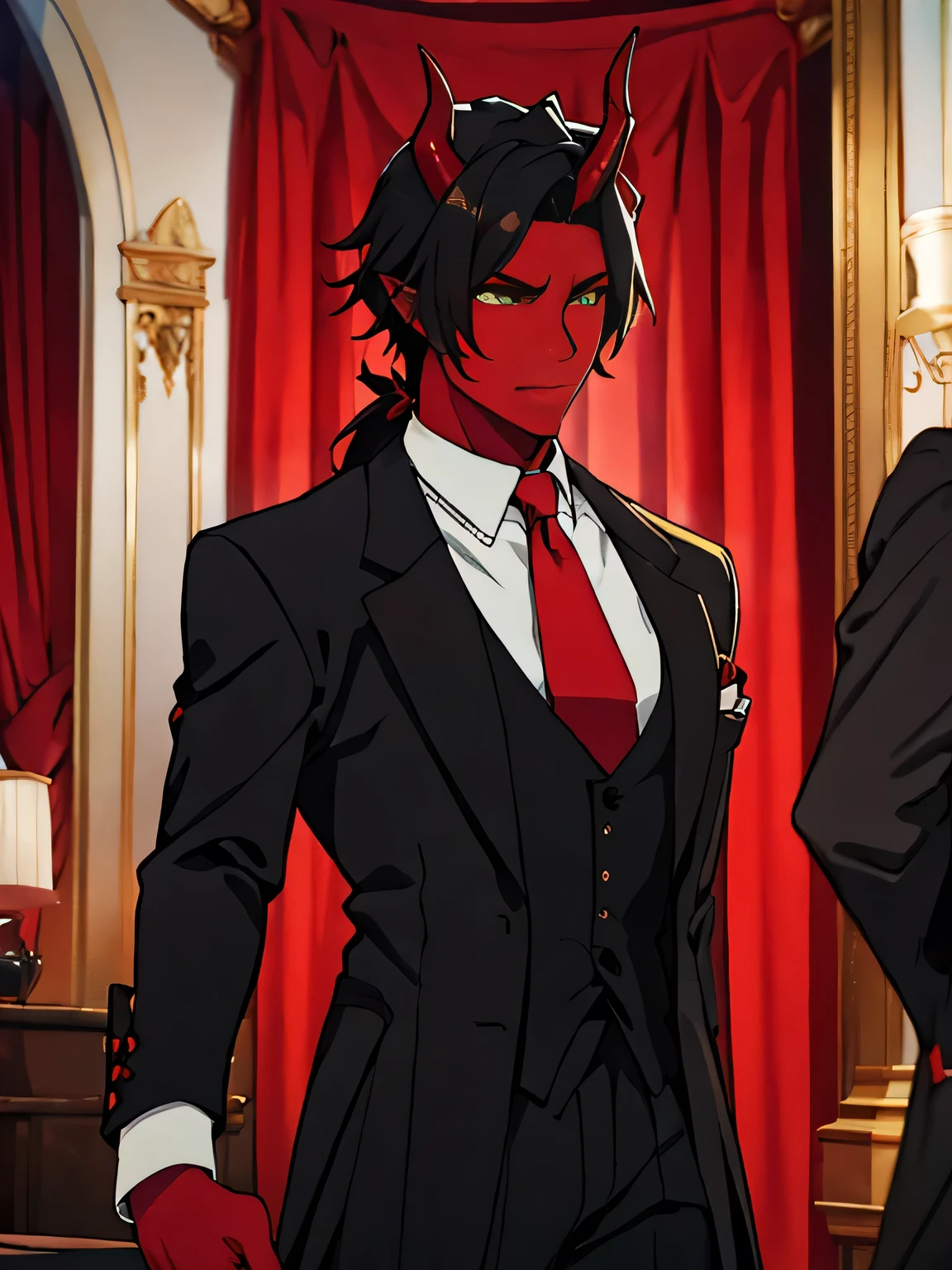 male demon good body, ((red skin)), ((big horns), ((Black suit with tie)), vibrant color golden eyes, ((black hair)), butler