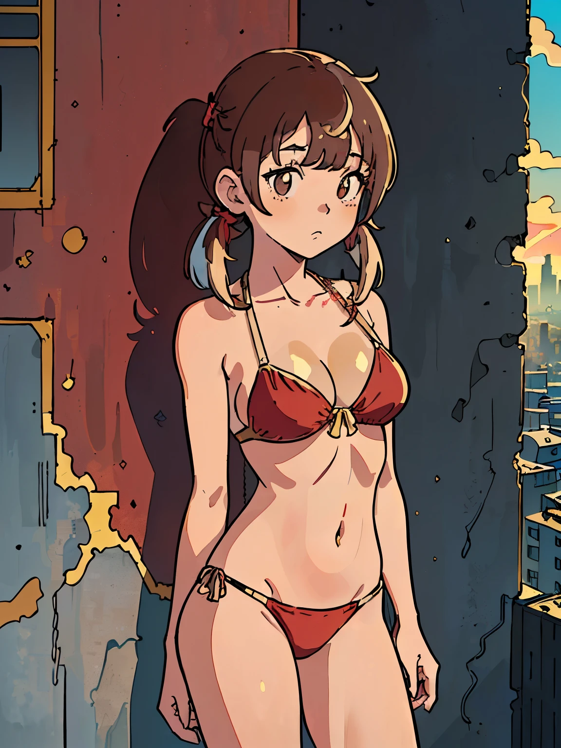 Masterpiece, best quality, Masterpiece, best quality, 1 woman, wavy brown hair, sunglasses , sly face , pink bikini , abdomen, big breasts , Long legs ,canvas shoes , stand on your hips , wall , tall building