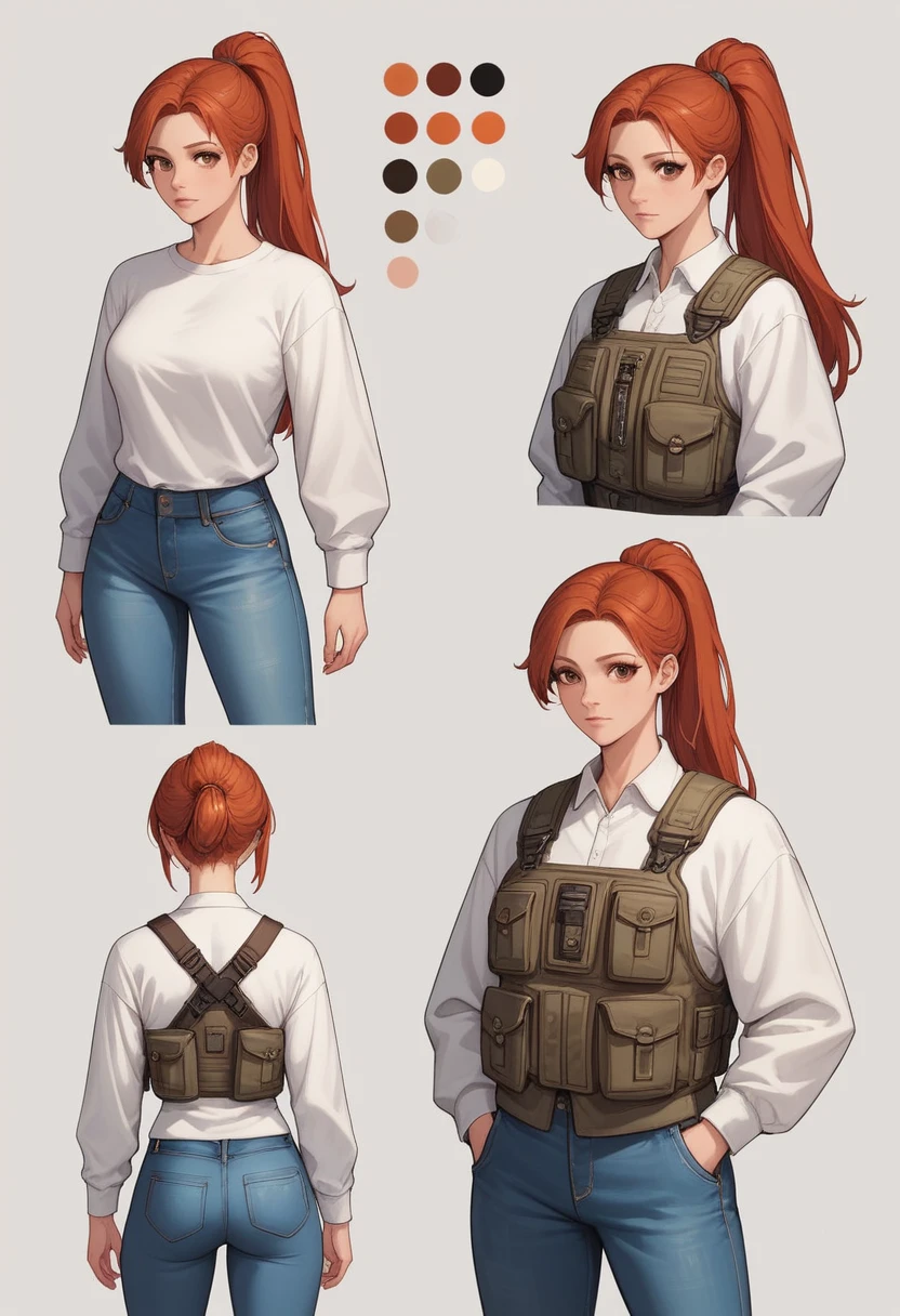 (draw) ((masterpiece, Best Quality)) (Character design sheet, Same character, Front, side, return, There are words written all around) Woman with long hair, Redhead with ponytail hairstyle, Brown eyes, Wearing a bulletproof vest, Long sleeve zipper shirt, White shirt and jeans, returnpack, Stand and relax